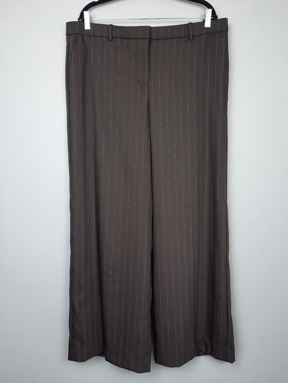 J. Crew High Rise Full Length Sydney Wide Leg Pants Brown Pinstripe Wool size 16